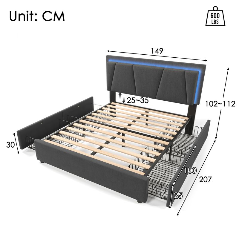 Lit king size gris avec éclairage LED, 4 tiroirs, tête de lit réglable et rangement (140 x 200 cm) avec lattes en bois (matelas non inclus)._voghion.com
