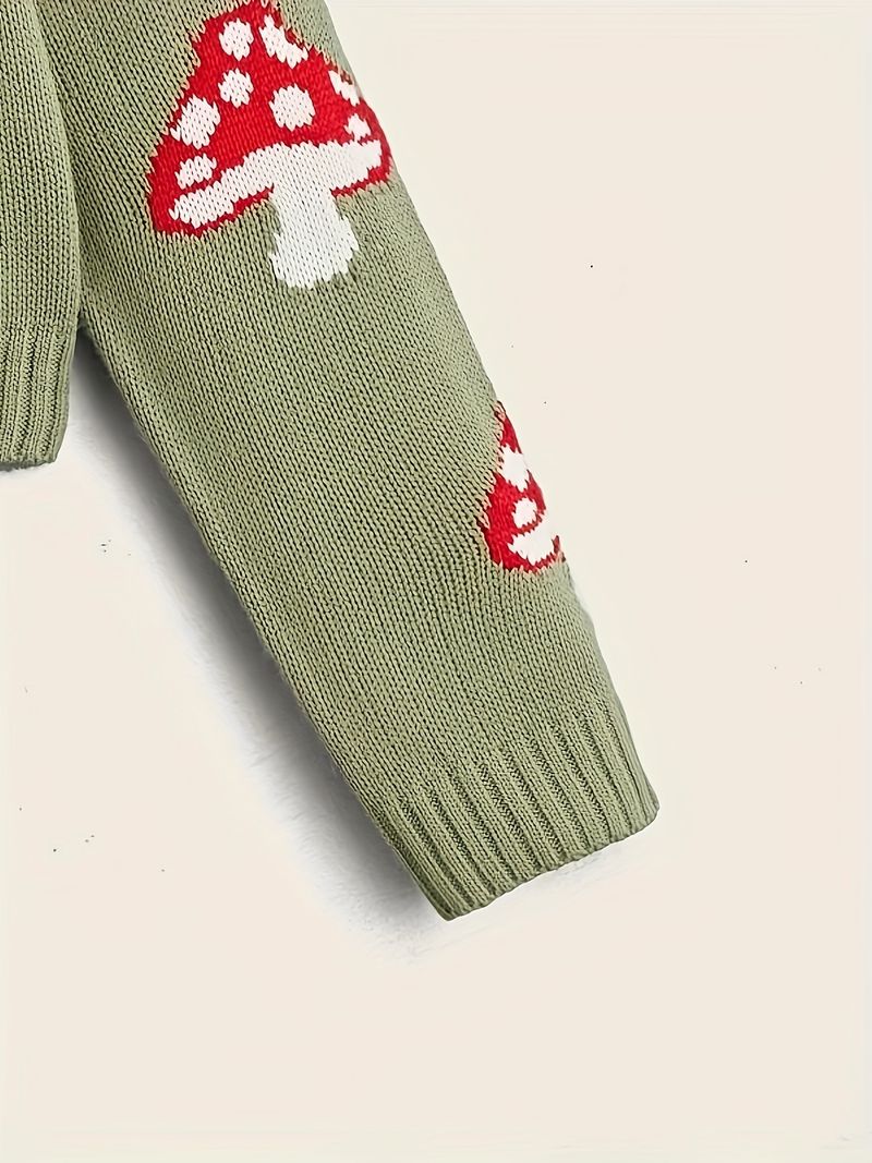 Mushroom Print Button Cardigan – Cute & Cozy Oversized Knit Sweater (XS-XXL, Green/Black)_voghion.com