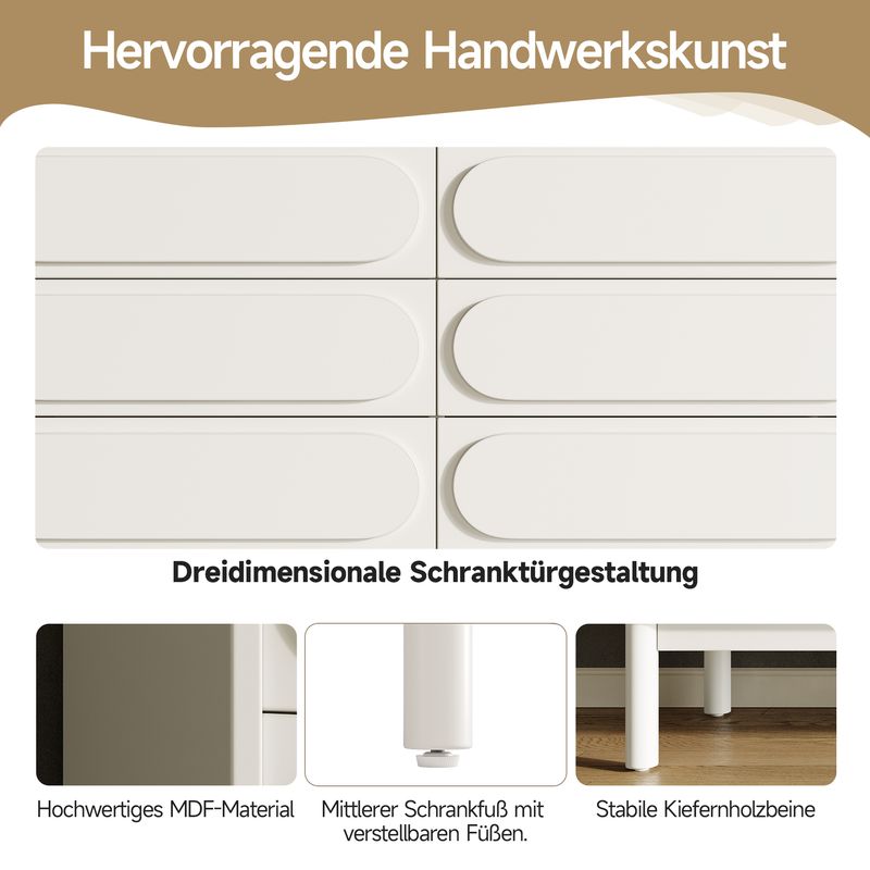 Kommode Weiß Mit 6 Schubladen, 3D-Schranktürdesign, Verstellbare Füße_voghion.com