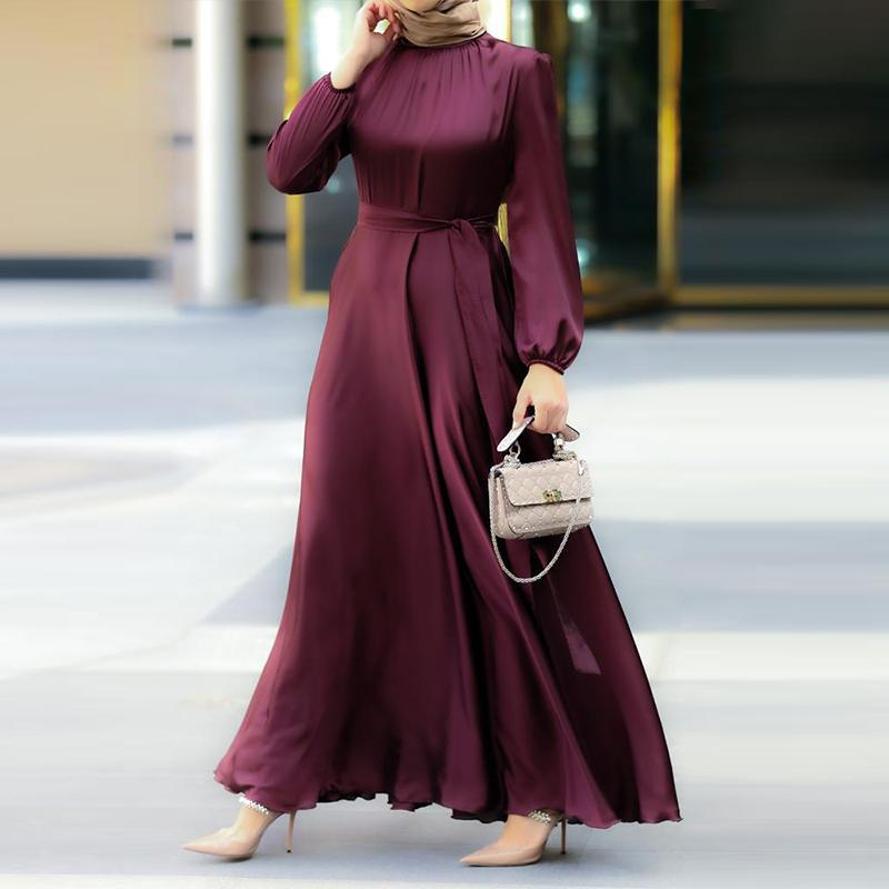 Ženska muslimanska stilska okrogla izrezna obleka z dolgimi rokavi in pasom za hujšanje, modna elegantna halja, ohlapna obleka_voghion.com