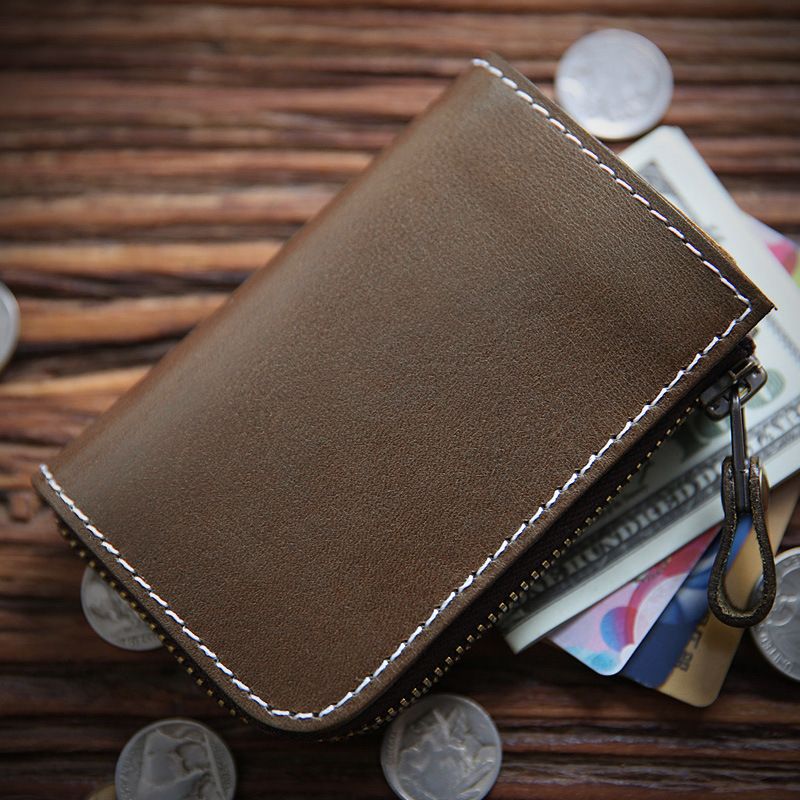 Handgefertigte italienische pflanzlich gegerbte Herren-Geldbörse aus echtem Leder, erste Schicht Rindsleder, kurze kleine Geldbörse mit Reißverschluss_voghion.com