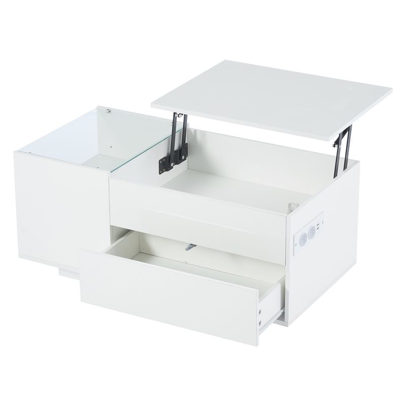 Table basse réglable en hauteur 95 x 48 x 42 cm avec rangement dissimulé, éclairage LED, tiroir et prise – Table d'appoint de salon blanche_voghion.com