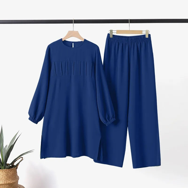 Moteriški dviejų dalių moteriški drabužiai Sportiniai drabužiai Elegantiški vienspalviai marškiniai ilgomis rankovėmis, plačių kelnių kostiumas_voghion.com