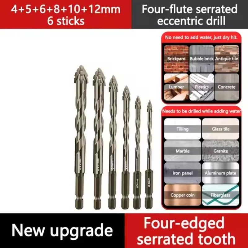 Four-Edged Eccentric Drill Bit Skewed Head High Hardness Tile Drill Bit Serrated Concrete Drill Bit Set For 4/6Pcs Drilling Tool_voghion.com