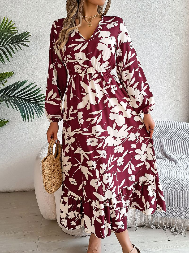 Abito casual a maniche lunghe con volant e fiori in vita, autunno e inverno 2025, abbigliamento da donna_voghion.com