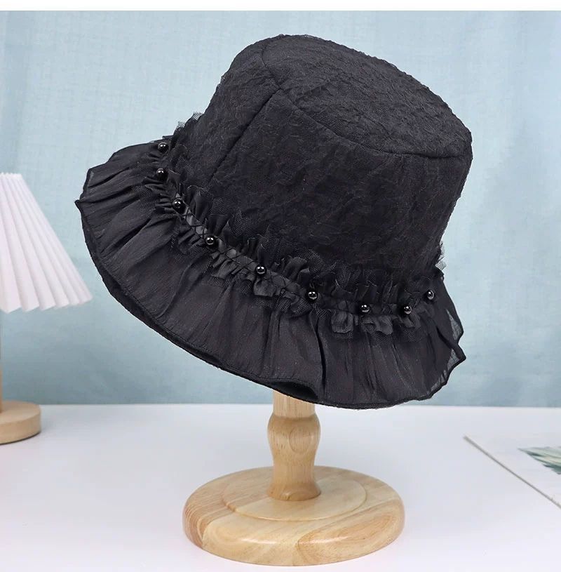 Pearl Mesh Pleated Fungus Edge Hat Women's Wide-brimmed Bucket Hat Outing Basin Hat Summer Breathable Sun Hat_voghion.com