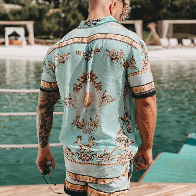2024 Summer casual loose print two-piece shirt beach set for men_voghion.com