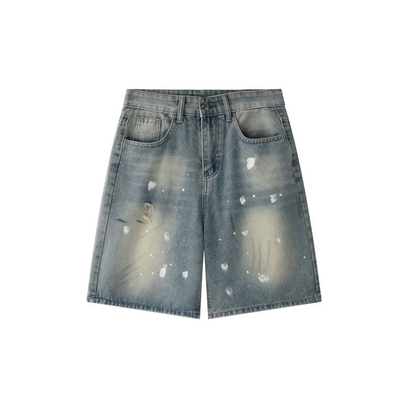 Streetwear Splatter Paint Denim Shorts – Vintage-Inspired Unisex 5-Inch Shorts With Belt Loops & Distressed Details (Hip-Hop Aesthetic)_voghion.com