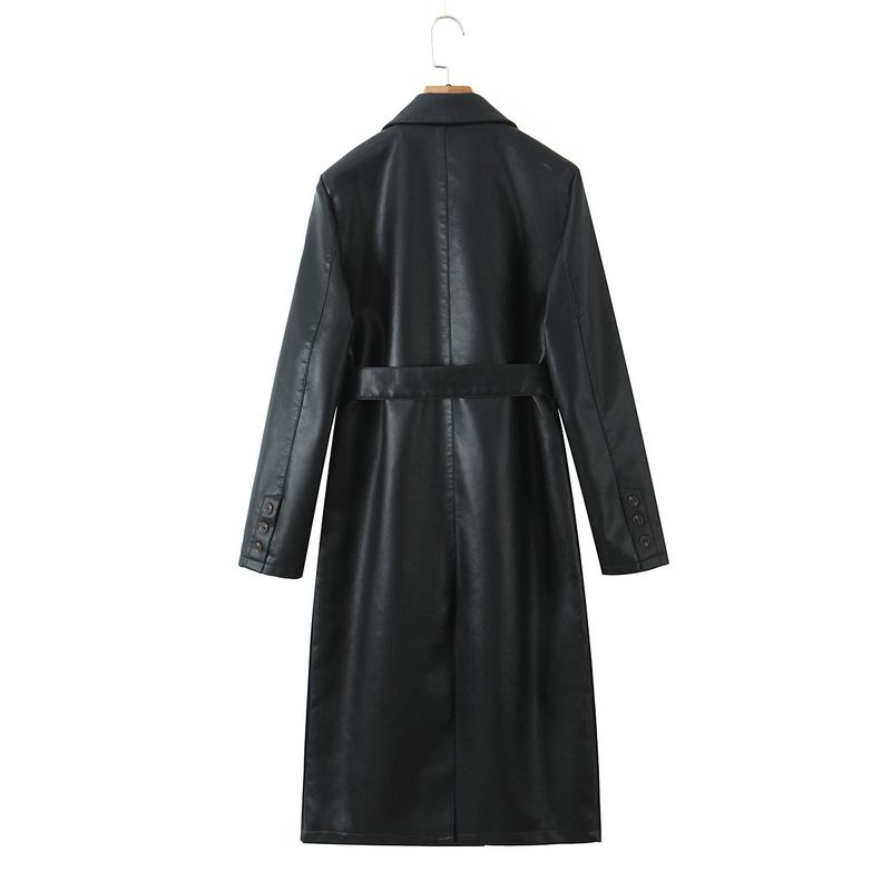 Trenchcoat mit 3D-Illusion (PU-Leder + Taillengürtel)_voghion.com