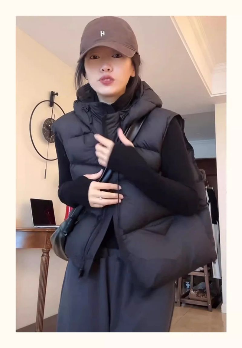 Kort wit eendendons vest met capuchon voor dames, winter 2024, nieuw, losvallend, hoogwaardig, slankmakend, petite vest_voghion.com