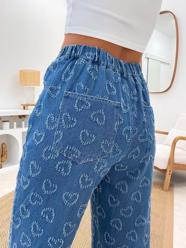 Women’s Clothing Spring New Love Hook Flower Jeans Women's Casual Washed Straight Trousers_voghion.com