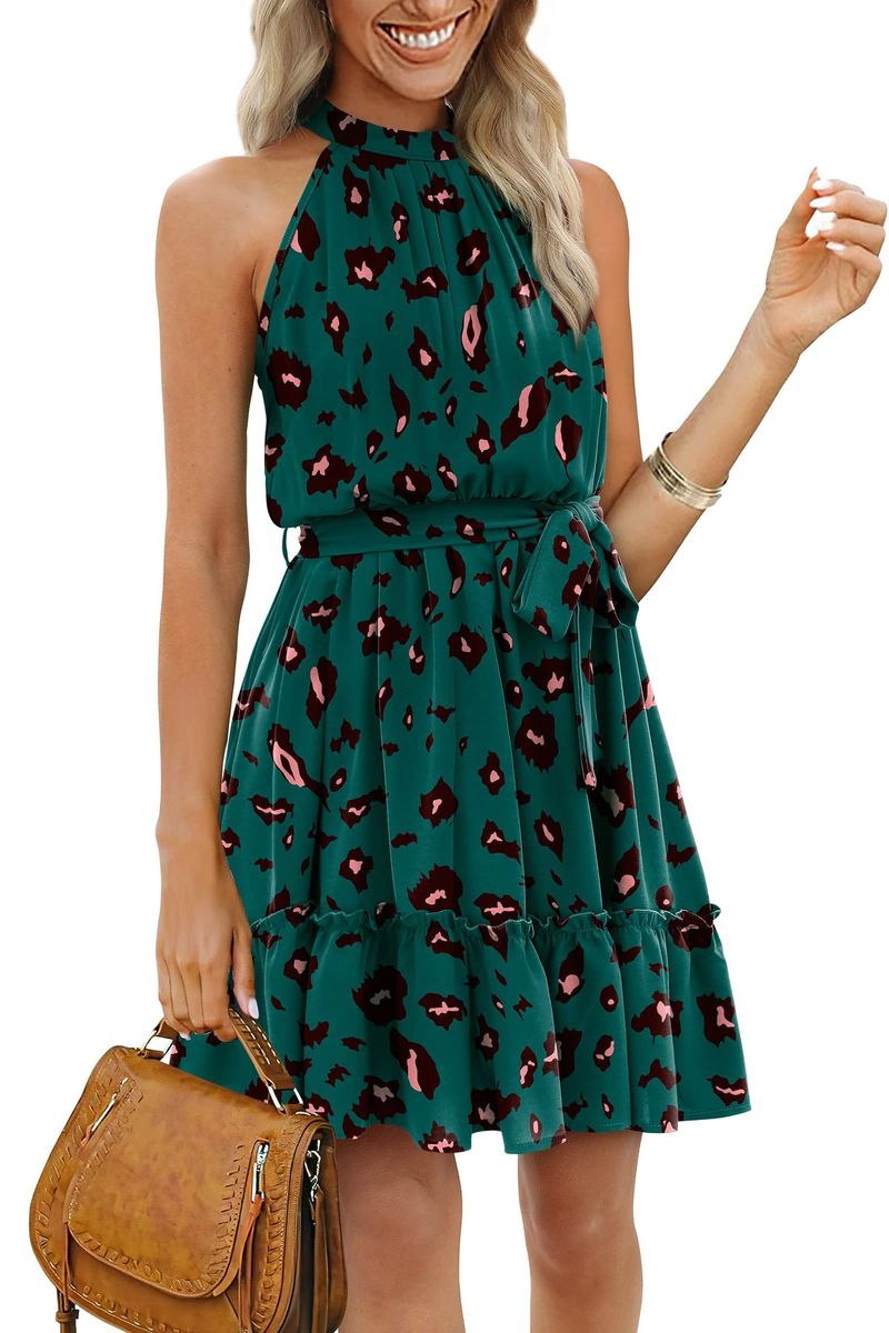 2023 Frühling und Sommer, A-Linien-Rock, Neckholder, florales Schnür-Tunika-Kleid mit offenem Rücken_voghion.com