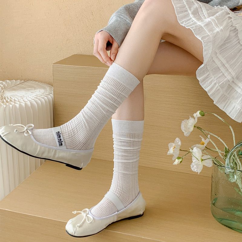 Gray Ballet Sweet White Calf Thin Hollow Out Seamless Long Tube Slouch Ins Style Solid Color JK Socks_voghion.com