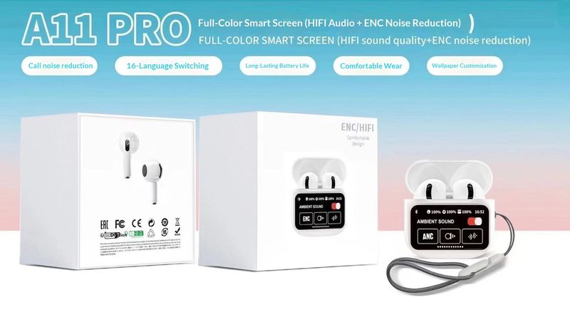NeoGear New A11Pro Bluetooth Earbuds Smart Touch Color Screen ANC+ENC Active Noise Cancellation LCD Sports Watproof_voghion.com
