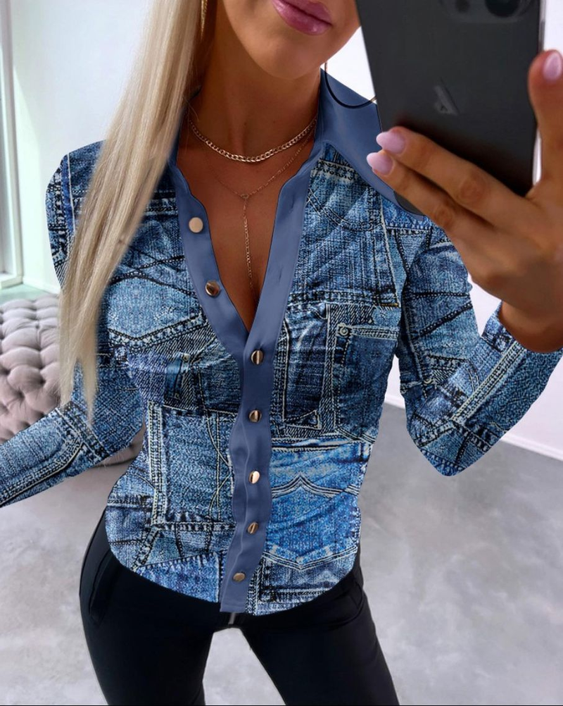 Women's Fashion Sexy V-neck Printed Shirt Shirt_voghion.com
