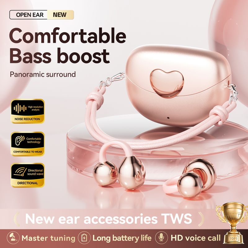 Heart-shaped Bag Style Clip On Earbuds Open Ear Wireless Bluetooth 5.4 Headphones With Mic Noise Cancelling Waterproof Headphone_voghion.com