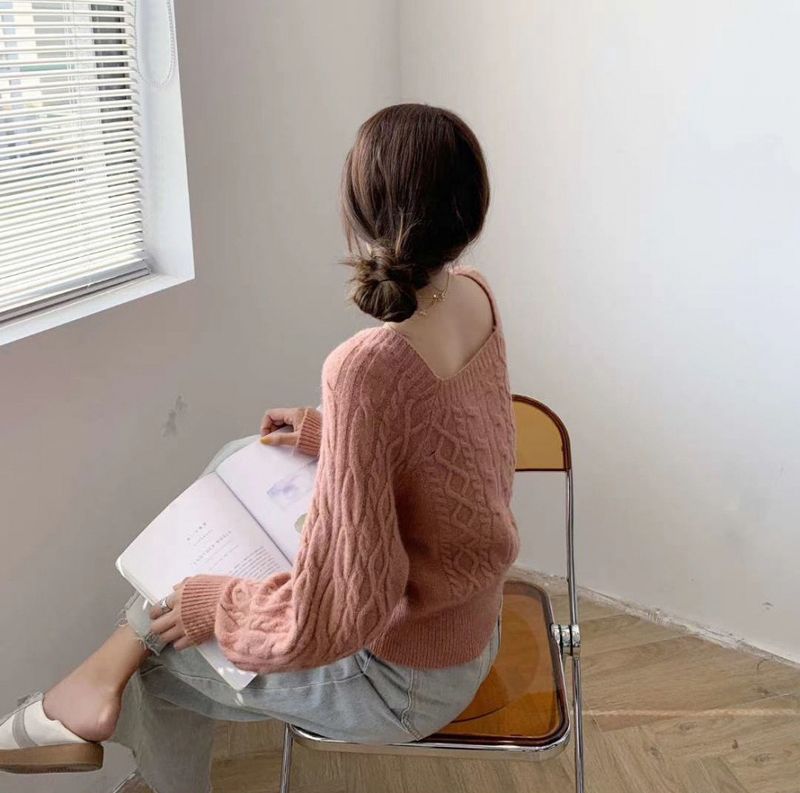 Pullover mit quadratischem Ausschnitt für Damen, Retro, verdickter Twist, Herbst und Winter, koreanischer Stil, lockere Außenbekleidung, enge Taille, schlanker Pullover_voghion.com