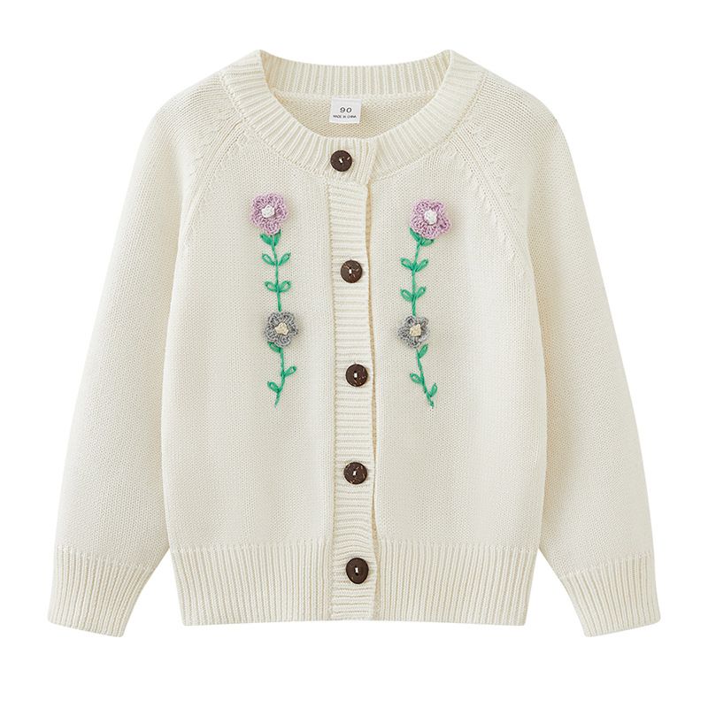 Handbestickte Strickjacke für Mütter und Kinder, für Kleinkinder und kleine Mädchen, weicher Baumwollpullover mit offener Vorderseite und Blumenmuster (90–140 cm, Weiß/Marineblau/Rot)_voghion.com