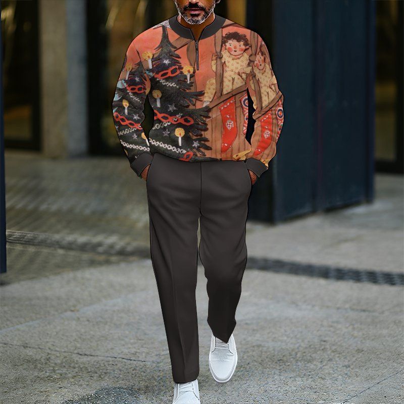 2025 European And American Foreign Trade Christmas Men's Loose And Casual Two-piece Set Contrasting Color Stand-up Collar Zipper Sweater Trousers Set_voghion.com