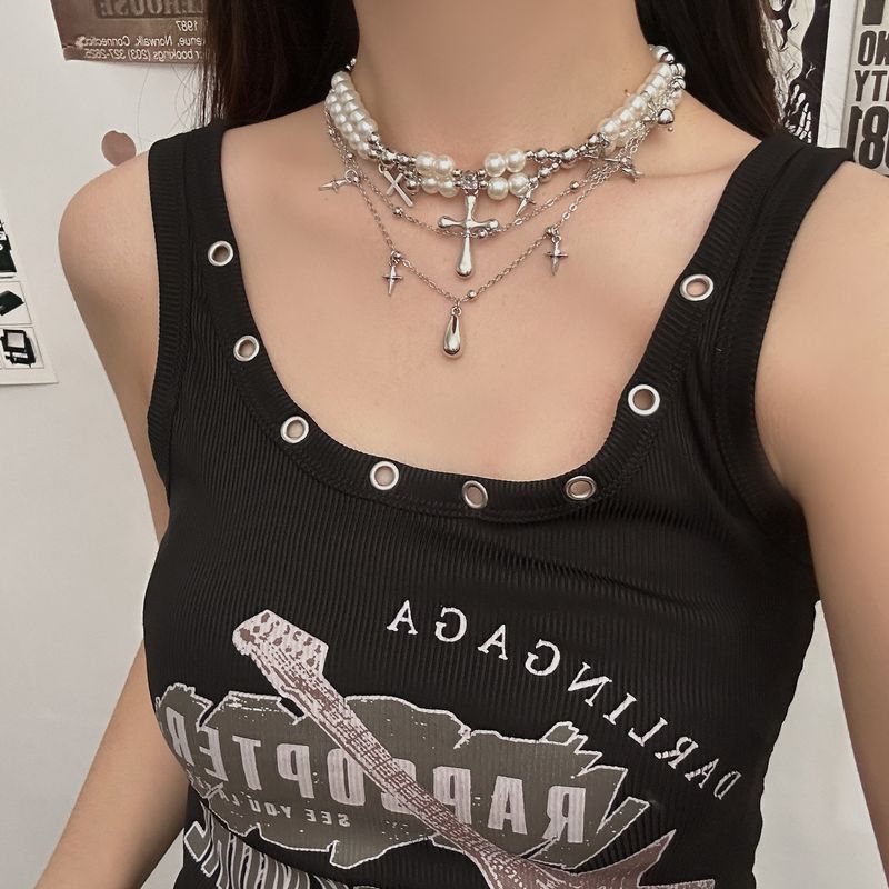 Collier à pampilles en perles croisées de style gothique punk pour femme, chaîne de clavicule lourde et sombre_voghion.com