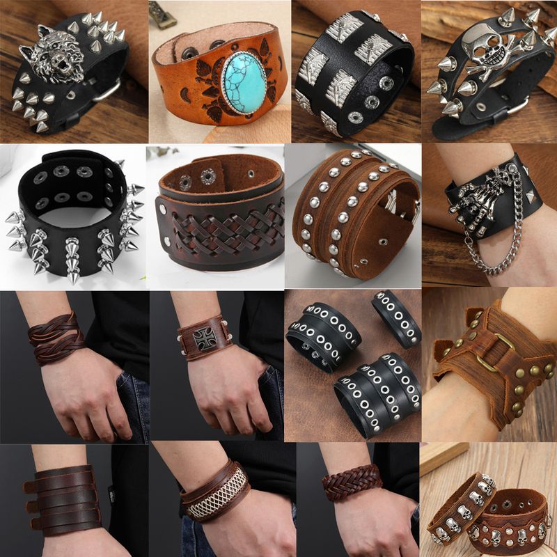 Bracciale in pelle intrecciata con motivo punk con borchie, largo, da uomo, esagerato e alla moda_voghion.com