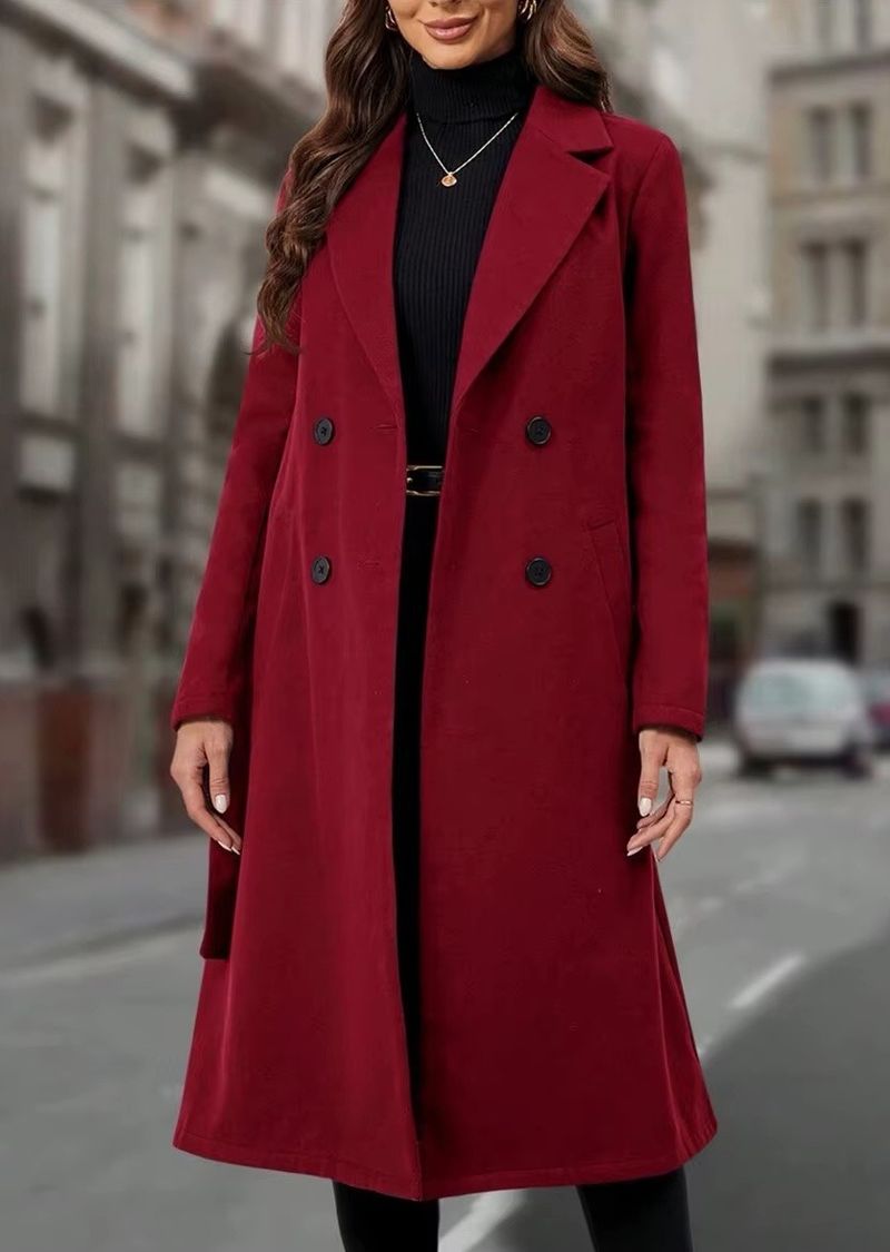 Eleganter, zweireihiger Trenchcoat – Langer Damenmantel aus Wollmischung mit Gürtel, schmal geschnittener Mantel für Herbst/Winter_voghion.com