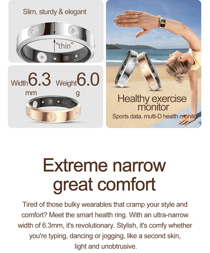 Nuovo anello intelligente HR01 con monitoraggio della frequenza cardiaca, del sonno, dell'ossigeno nel sangue, contapassi, monitor della salute alla moda con diamanti incastonati_voghion.com