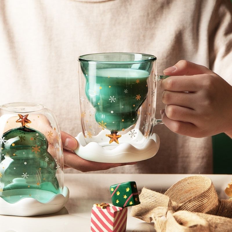 Tazza d'acqua a forma di stella di albero di Natale in vetro a doppio strato creativo da 300 ml Tazza isolante antideflagrante Regali di Natale Design Tazza d'acqua_voghion.com