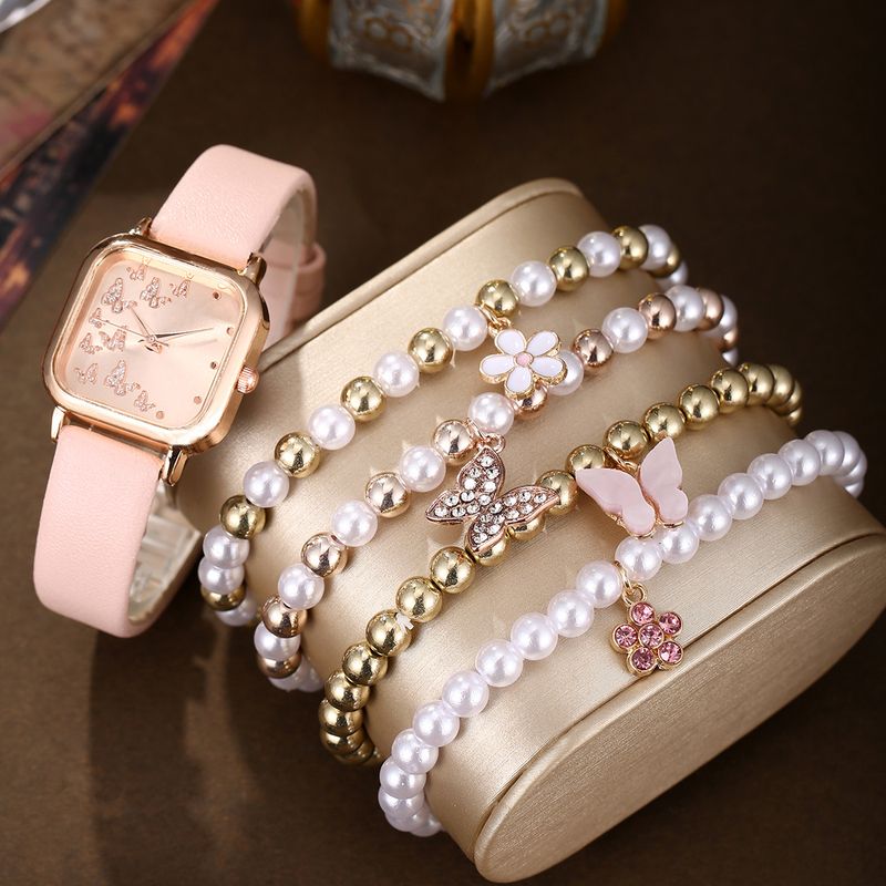 Set di gioielli e orologio da donna vintage a forma di farfalla - Orologio al quarzo con quadrante quadrato, cinturino in pelle e bracciale in perle_voghion.com