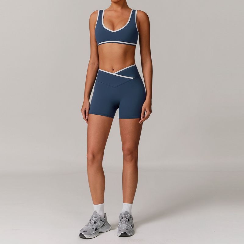 LazyZoom Cross High Waist Sports Set Women, Color Block Bare Back Tight Tank Top For Running, Fitness, Yoga 8843_voghion.com
