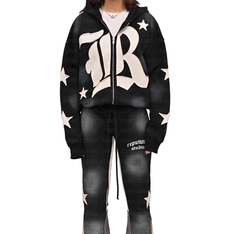 Moletom vintage Y2K, moda americana, jaqueta com zíper estilo gótico, moletom com capuz de tecido com remendo de estrela_voghion.com
