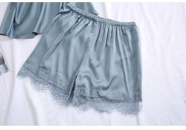 Ensemble deux pièces en dentelle de soie glacée pour femmes, col en v fin, coussinet de poitrine, short à bretelles froncées, été _voghion.com