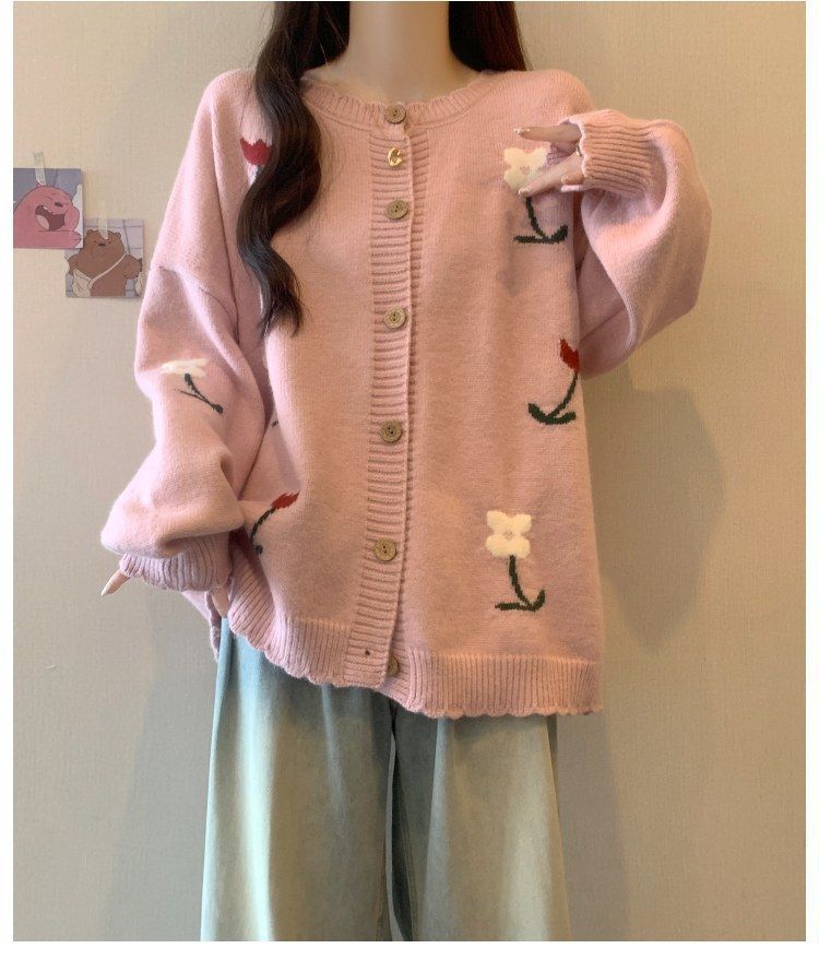 Cardigan brodé oversize – Pull ample en maille fleurie (vert/rose/crème, taille unique)_voghion.com