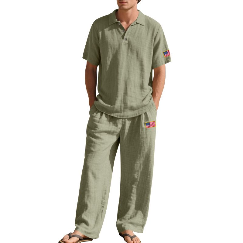 Summer Loose Men's Beach Linen Breathable Casual Large Size Lapel Independence Day Trousers Suit_voghion.com