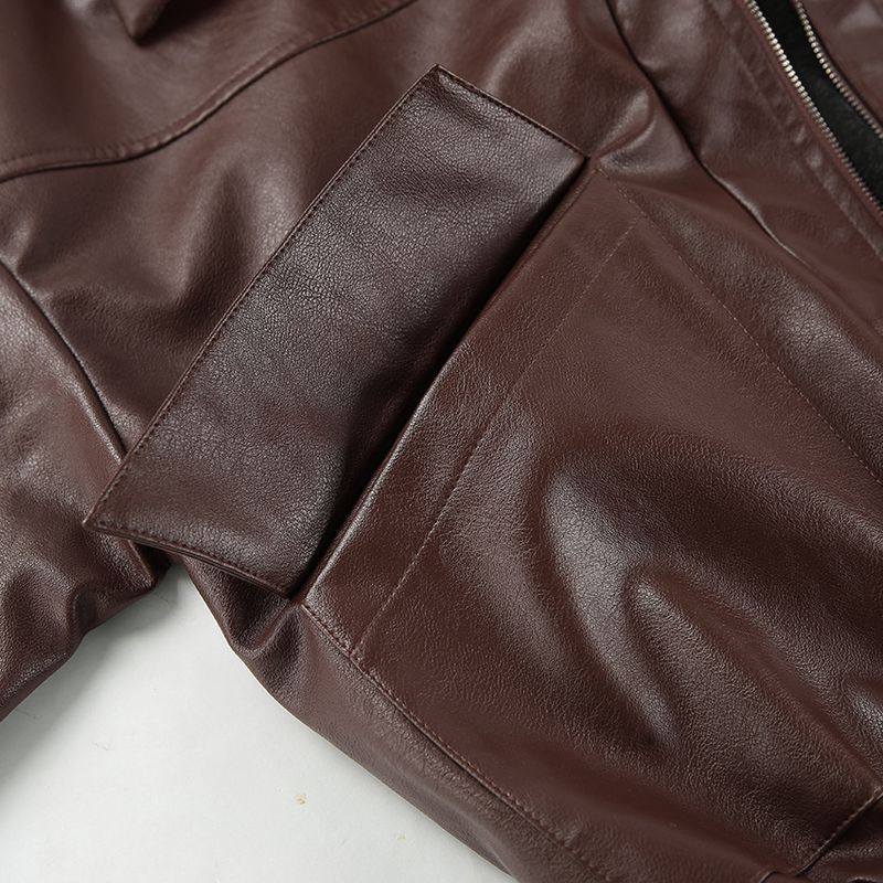Damenbekleidung Vintage-inspirierte Bomberjacke für Damen – Fliegermantel aus PU-Leder, entspannte Passform, klassisches Braun, Freizeit- und Bürokleidung_voghion.com