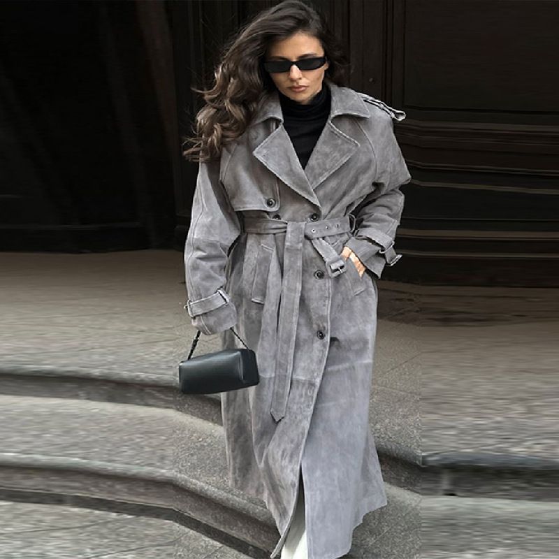 Eleganter Trenchcoat aus Wollmischung mit Gürtel – Langer grauer Mantel für Damen (S-L)_voghion.com