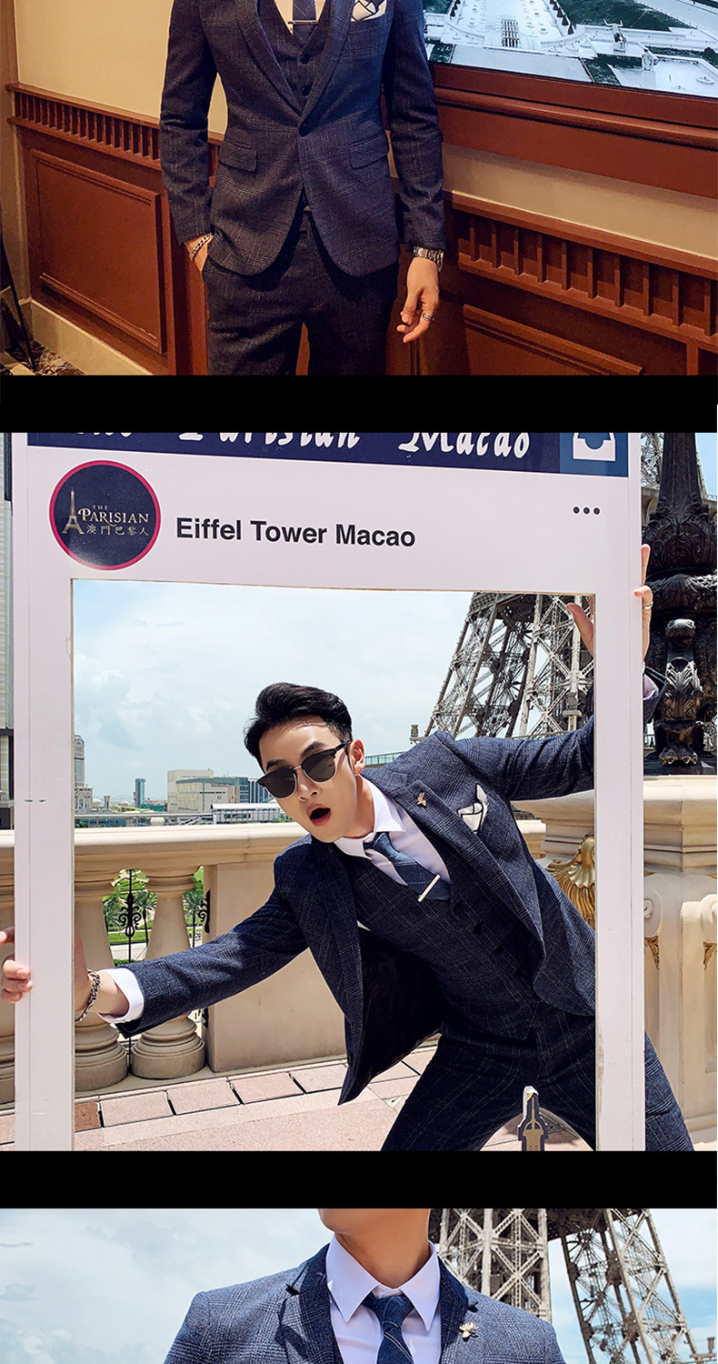 Men's Three-piece Suit Korean Style British Slim Plaid Wedding Casual Three-piece Suit_voghion.com