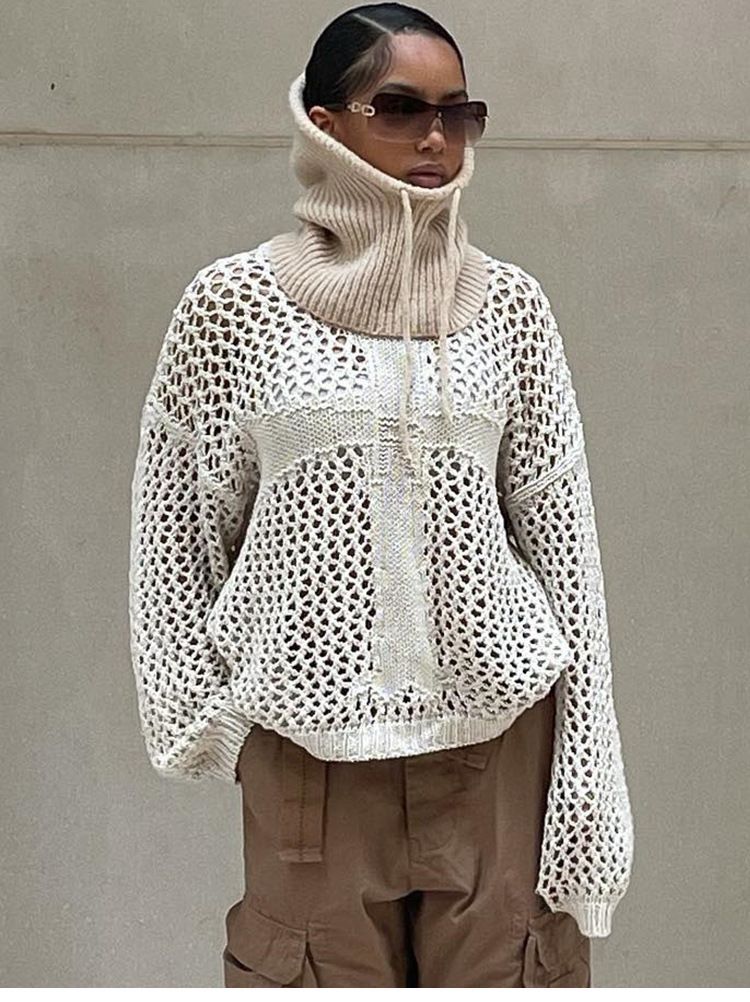 Maglia in pizzo vintage – Pullover oversize in cotone traspirante con maniche a lanterna per donna_voghion.com