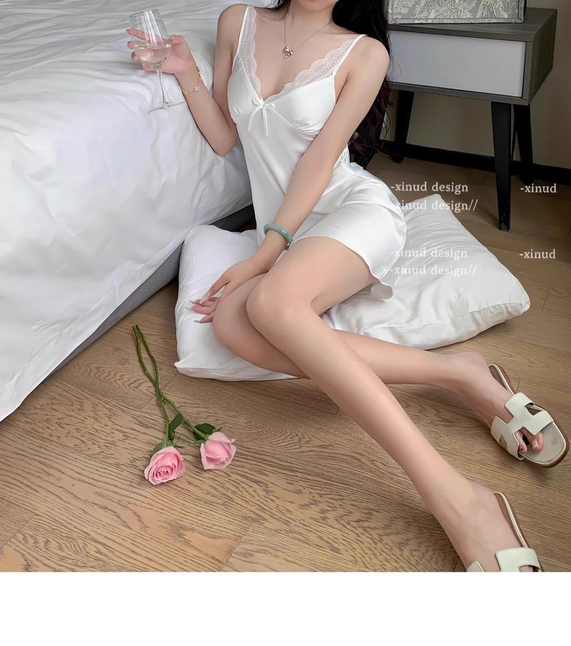 Camicia da notte sexy, delicata sulla pelle, con fiocco in seta ghiacciata, con bretelle in pizzo dolce, comoda e morbida, per il desiderio puro del vento_voghion.com