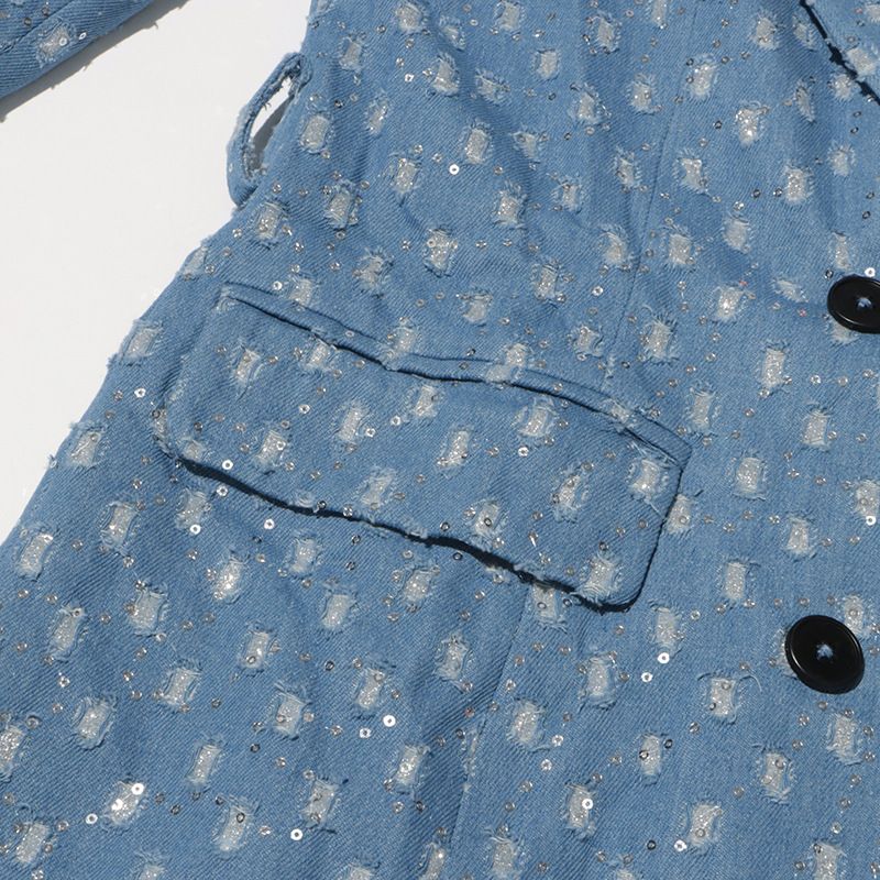 Women's Clothing Distressed Denim Jacket With Belt - Stylish Long Coat Trendy Overshirt With Tied Front, Cotton-Polyester Blend, Streetwear Fashion_voghion.com