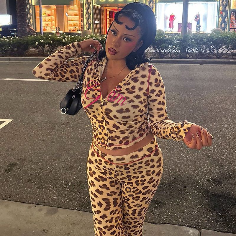 Wind 2024 Summer New Product Printed Hoodie Top Leopard High Waist Tight Pants Set For Women_voghion.com