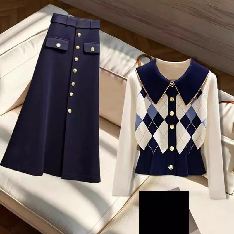 Dameskleding Herfst- en wintermode voor straatsterrenoutfits voor vrouwen, nieuwe high-end diamanten trui, strakke rok, tweedelig pak_voghion.com