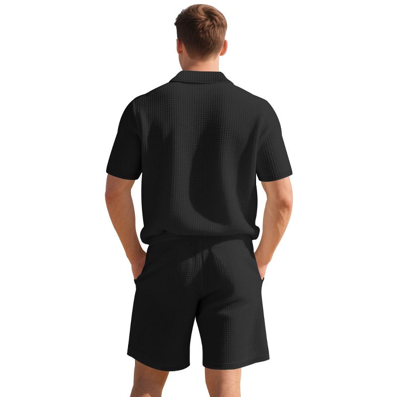 Polo ample à manches courtes et col gaufré pour homme, style américain, ensemble décontracté avec short et col gaufré_voghion.com