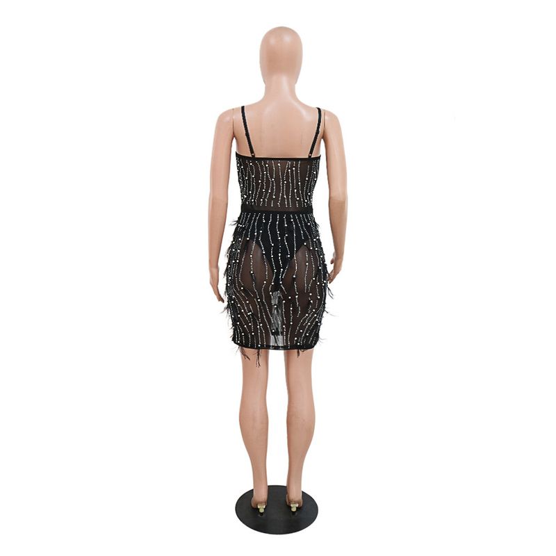 Abbigliamento da donna Abito con piume di diamanti caldi con reggicalze senza maniche per donna_voghion.com