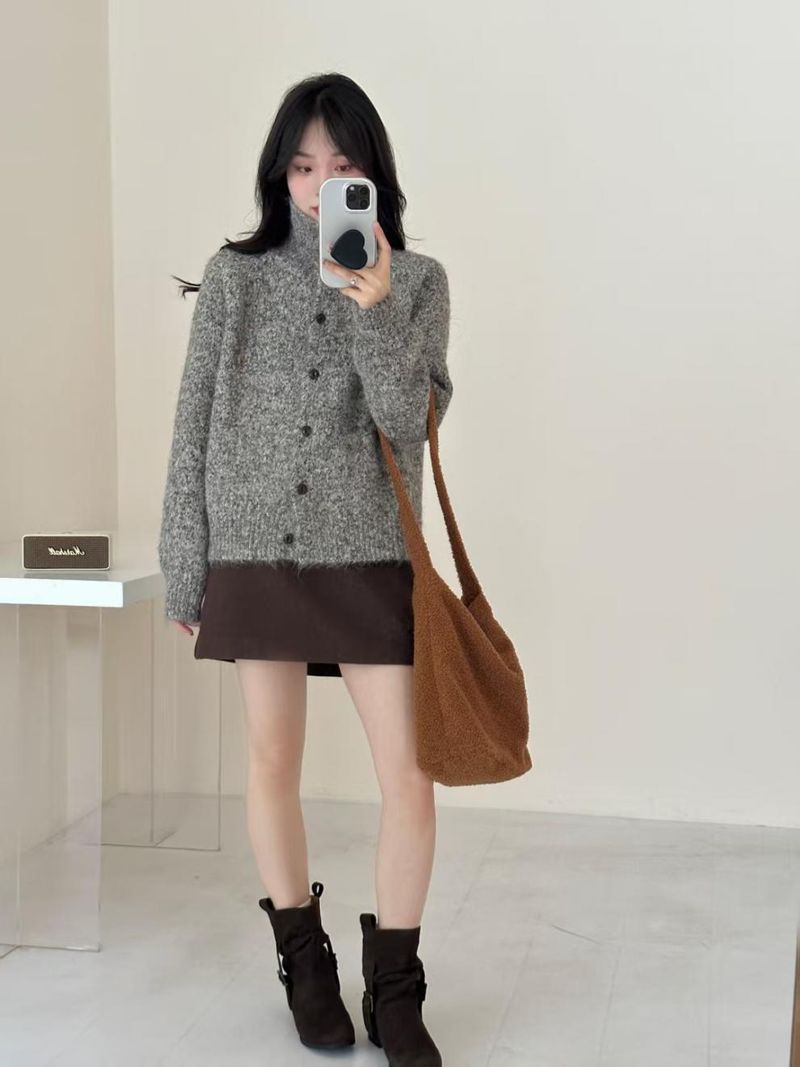 Lässiger Cardigan mit hohem Kragen und Holzknöpfen für Damen, beidseitig tragbar, weich und vielseitig._voghion.com