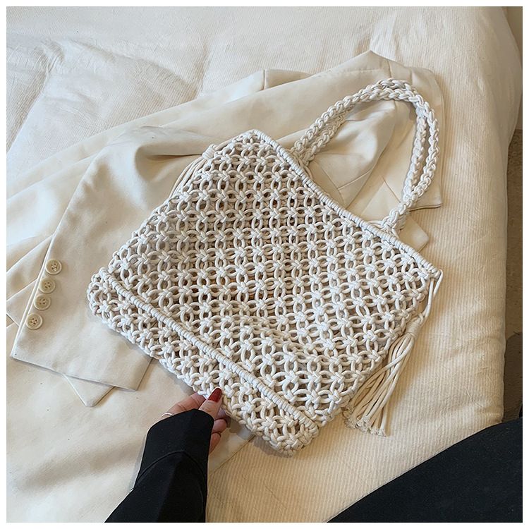 Vintage handgeweven strozak met franjes - Boheemse strandtas van netstof voor de zomervakantie, stijlvolle macramé schoudertas voor dames_voghion.com