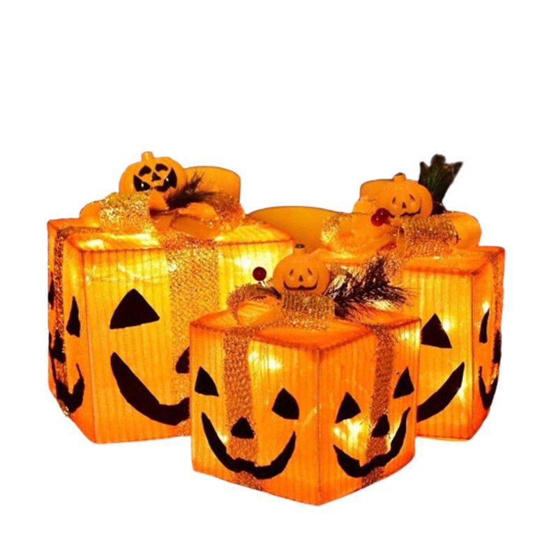 Set di luci a forma di zucca di Halloween - Decorazione artigianale in ferro a LED con volti spettrali e classici motivi a forma di zucca per decorazioni per feste, casa e esterni_voghion.com