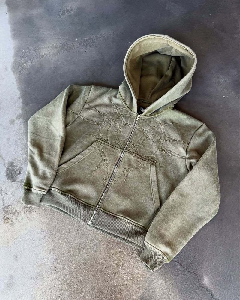 Felpa con cappuccio unisex con cerniera, stile streetwear, stile retrò Y2K, lavata e rovinata, per uomo e donna_voghion.com