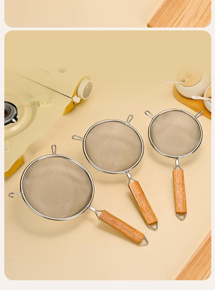 Stainless Steel Mesh Sieve Filter Wooden Handle, Oil Strainer, Flour Sieve, Multiple Sizes With Hanging Ear_voghion.com
