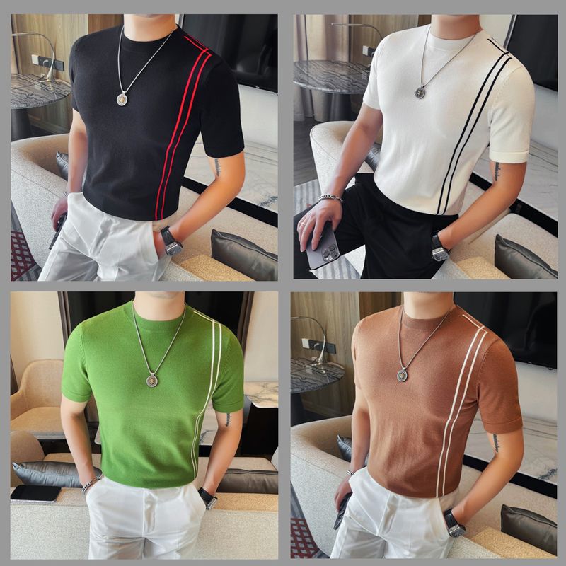 Summer New Products Men's Thick Short Sleeve T-Shirt Threaded Neckline Short Sleeve Knitted Sweater Slim Fit Elastic Bottom Sweater Undershirt_voghion.com